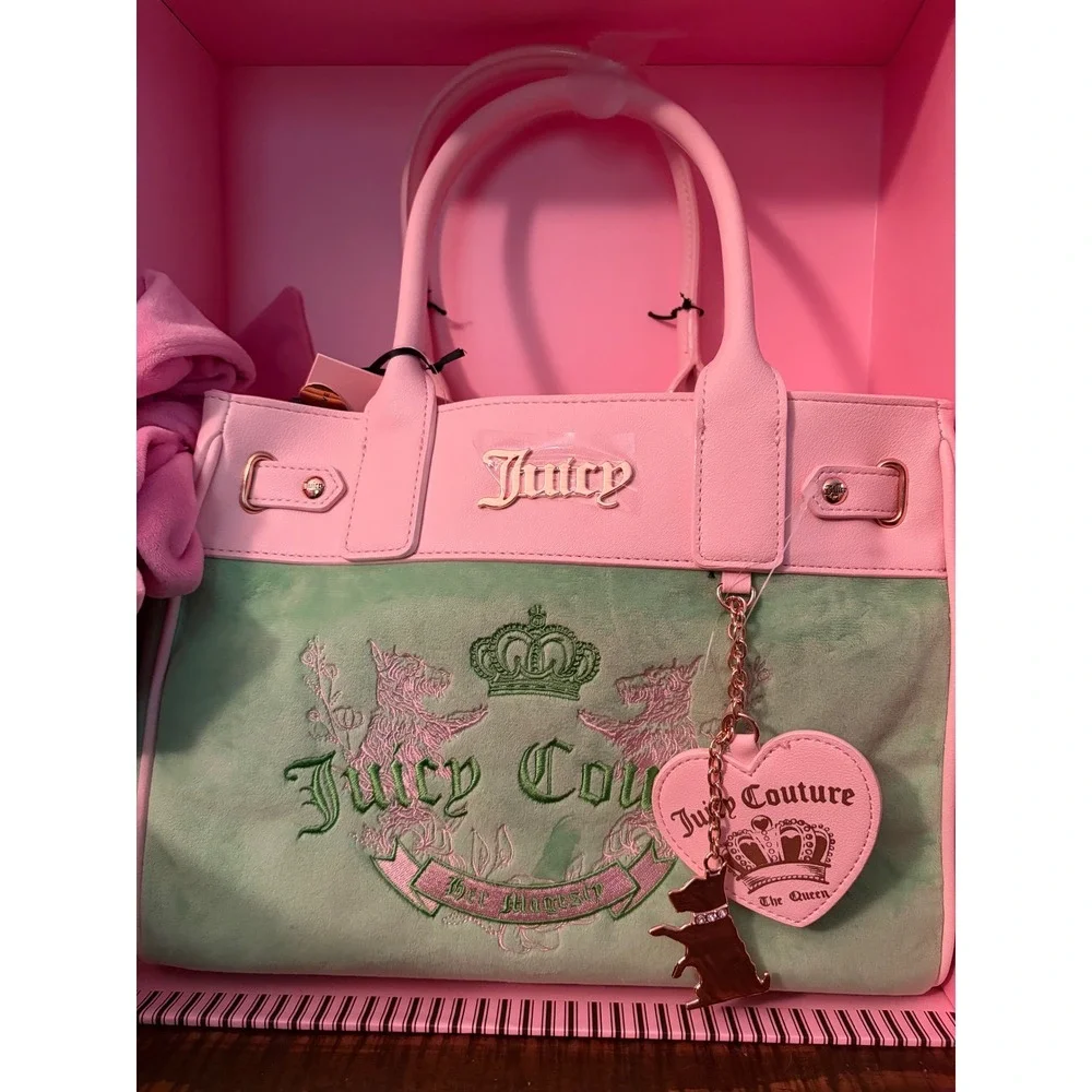 Juicy Couture LE Green Pink Heritage Tote Bag Set with Dangles New in Box